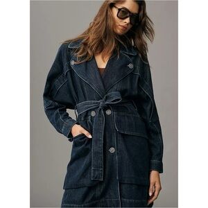 Pilcro Anthropologie Jacket Womens XS Blue Trench Coat Belted Denim‎ Dark NEW